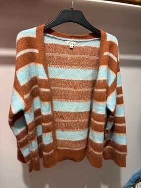POL Striped Open-Front Cardigan in Rust & Light Blue